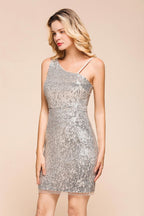 Robe de cocktail courte et moulante à paillettes, robe de bal sexy asymétrique.