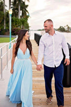 Robe de mariée champêtre bleu ciel fendu, robe de plage avec traîne courte WD289