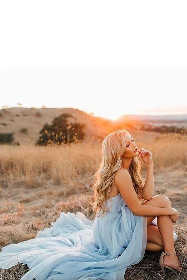Robe de mariée champêtre bleu ciel fendu, robe de plage avec traîne courte WD289