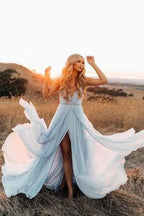 Robe de mariée champêtre bleu ciel fendu, robe de plage avec traîne courte WD289