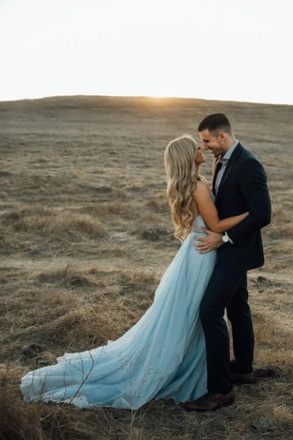 Robe de mariée champêtre bleu ciel fendu, robe de plage avec traîne courte WD289