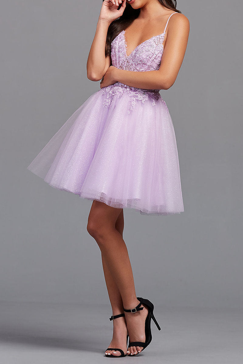 Vestido de fiesta de corte A, espalda descubierta, tul con apliques