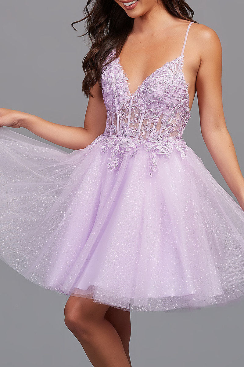 Vestido de fiesta de corte A, espalda descubierta, tul con apliques