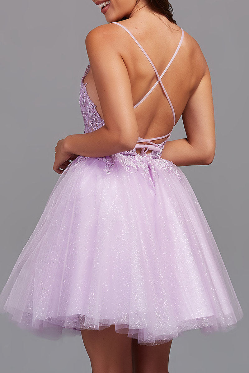 Vestido de fiesta de corte A, espalda descubierta, tul con apliques