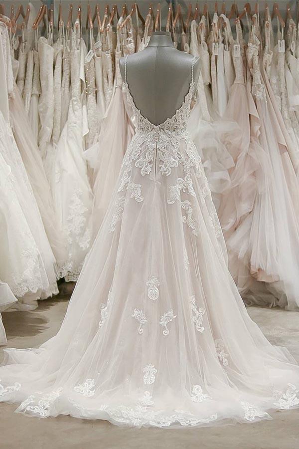 Robe de mariée de plage à bretelles et col en V, dos nu, en tulle ivoire WD309