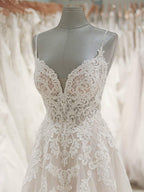 Robe de mariée de plage à bretelles et col en V, dos nu, en tulle ivoire WD309