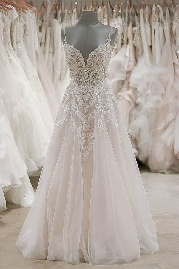 Robe de mariée de plage à bretelles et col en V, dos nu, en tulle ivoire WD309