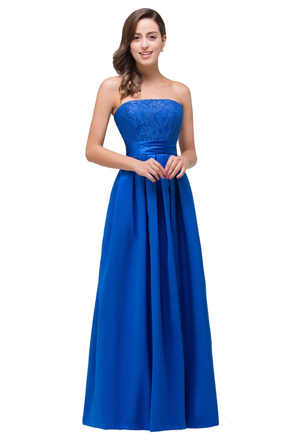 Vestidos de dama de honor sin tirantes, corte en A, con cordones y apliques hasta el suelo