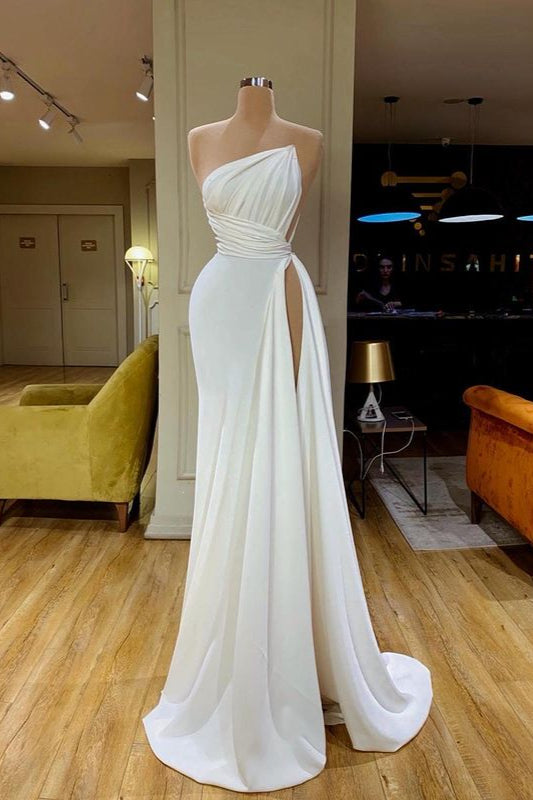 Robe de bal longue plissée blanc crème sans bretelles, fente haute