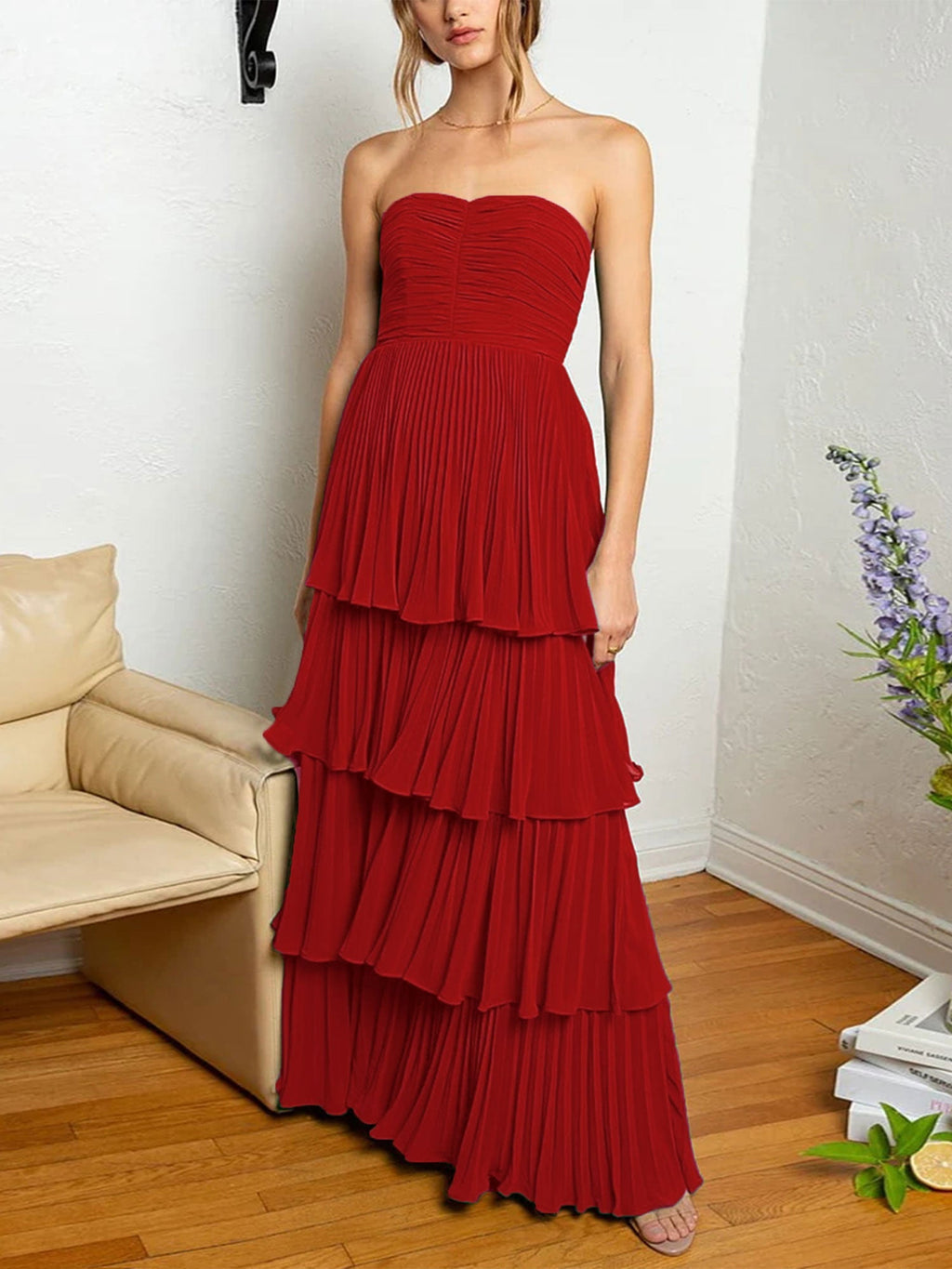 Baoleely Khalani | Strapless Emerald Green Ruffle Multi-Layer Long Prom Dress