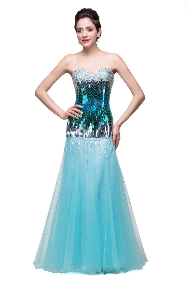 Strapless Floor-length Mermaid Tulle Sequins Porm Dresses