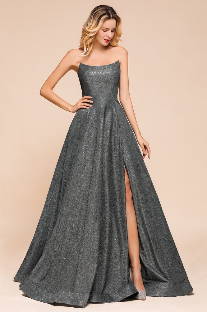 Robe de soirée bustier à paillettes, coupe trapèze, sans manches, fente sur le devant, robe de bal