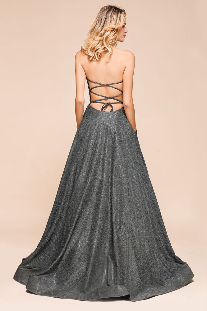 Robe de soirée bustier à paillettes, coupe trapèze, sans manches, fente sur le devant, robe de bal