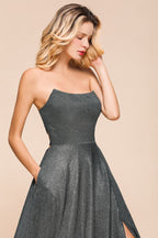 Robe de soirée bustier à paillettes, coupe trapèze, sans manches, fente sur le devant, robe de bal