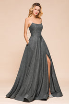 Robe de soirée bustier à paillettes, coupe trapèze, sans manches, fente sur le devant, robe de bal