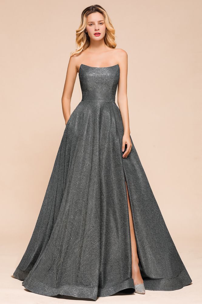 Robe de soirée bustier à paillettes, coupe trapèze, sans manches, fente sur le devant, robe de bal