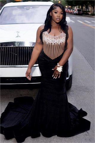 Vestido de fiesta de sirena sin tirantes, sin mangas, con lentejuelas y cola de barrido