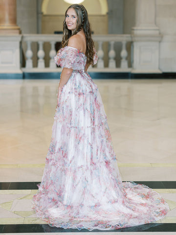 Sydney | Vestido de graduación de tul floral con hombros descubiertos