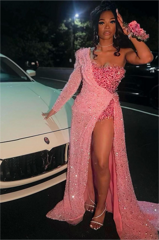 Robe de bal bustier asymétrique à sequins avec traîne chapelle sur le devant