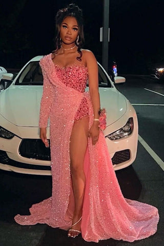 Robe de bal bustier asymétrique à sequins avec traîne chapelle sur le devant