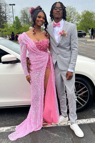 Robe de bal bustier asymétrique à sequins avec traîne chapelle sur le devant