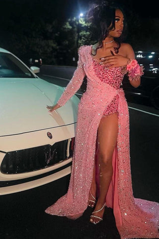 Robe de bal bustier asymétrique à sequins avec traîne chapelle sur le devant