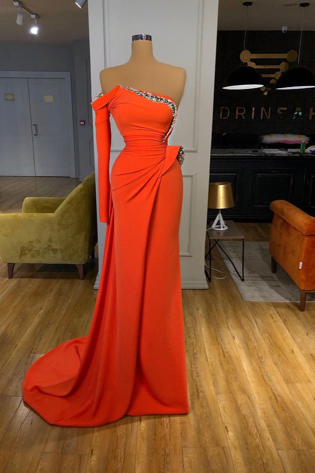 Robe de bal longue orange à sequins sans bretelles, manches longues