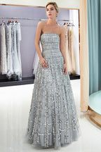 Strapless Sequined Chiffon Party Dress A-line Floor Length Prom Dress