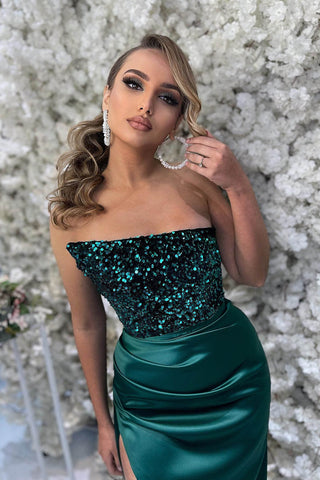 Strapless Sleeveless Mermaid Prom Dresses Split Sequins