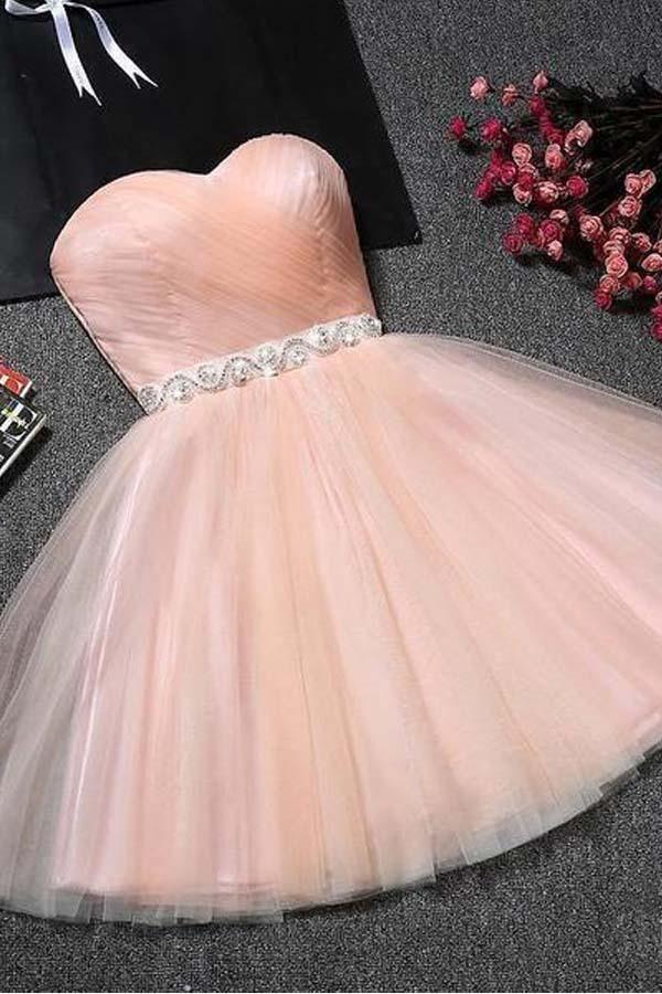 Vestido de fiesta corto rosa rubor sin tirantes con escote corazón PD304