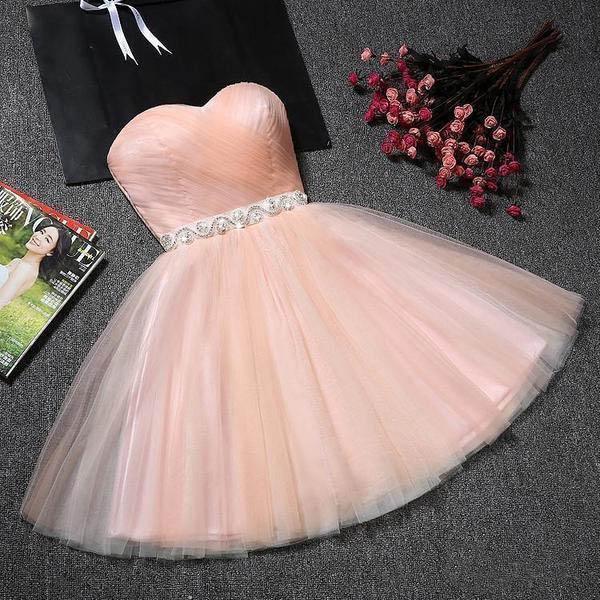 Vestido de fiesta corto rosa rubor sin tirantes con escote corazón PD304