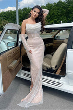 Strapless White Mermaid Prom Dresses With Sequins Pleats