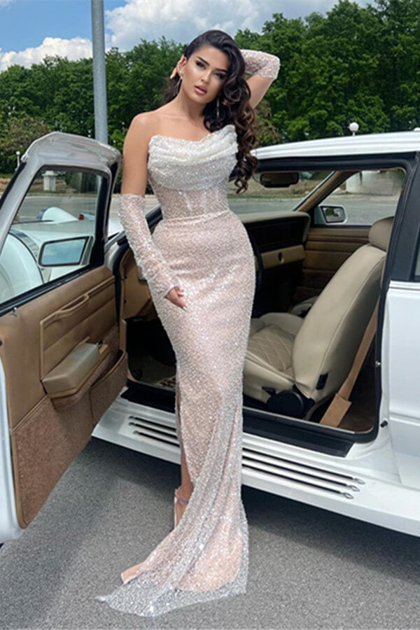 Strapless White Mermaid Prom Dresses With Sequins Pleats