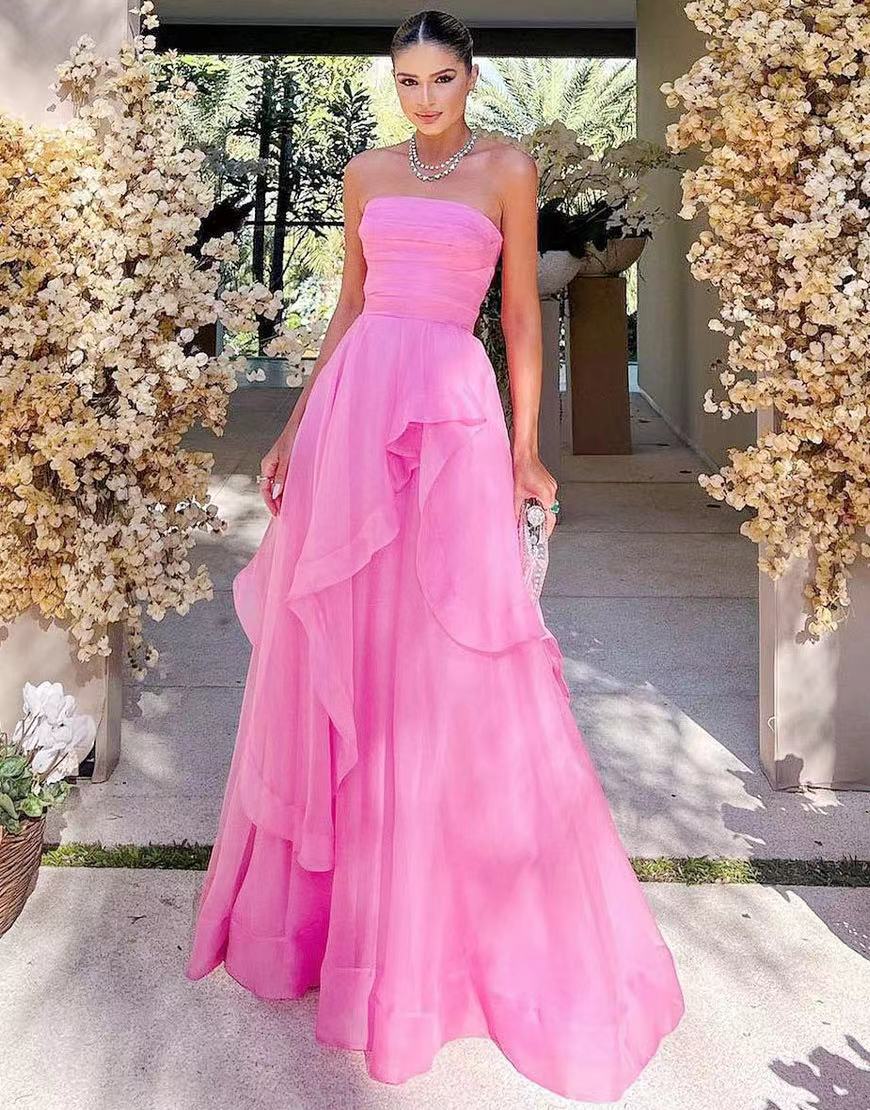 Vestido de fiesta de organza rosa claro, corte en A, sin tirantes