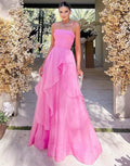 Vestido de fiesta de organza rosa claro, corte en A, sin tirantes