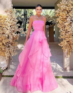 Vestido de fiesta de organza rosa claro, corte en A, sin tirantes