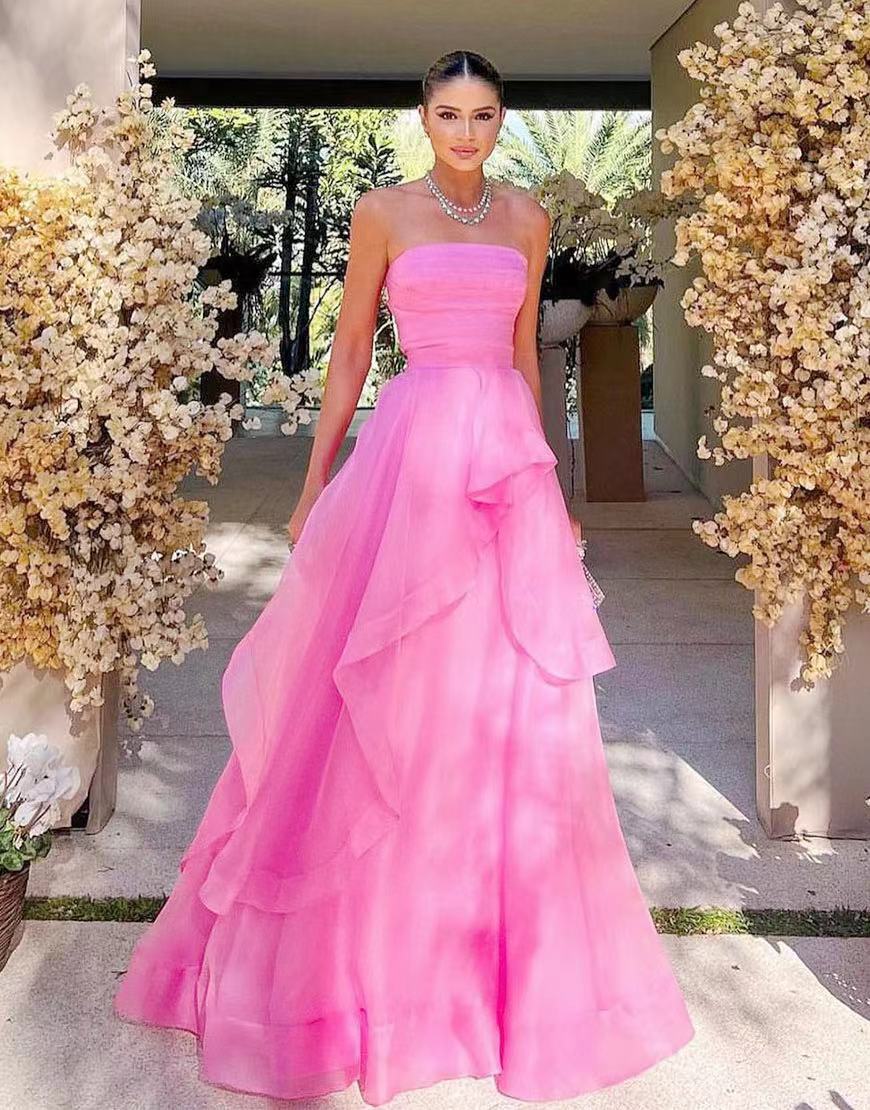 Vestido de fiesta de organza rosa claro, corte en A, sin tirantes