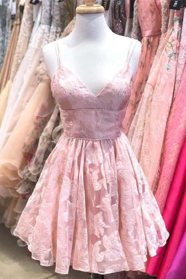 Robe de bal courte en dentelle rose à bretelles, coupe trapèze, modèle PD317