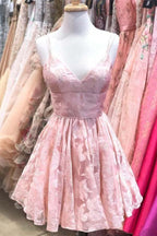 Robe de bal courte en dentelle rose à bretelles, coupe trapèze, modèle PD317