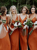 Robe de demoiselle d'honneur orange en mousseline de soie, coupe trapèze, col en V et fente, à bretelles, référence BD064