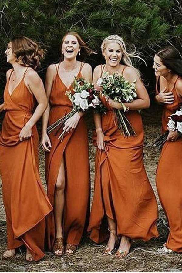 Robe de demoiselle d'honneur orange en mousseline de soie, coupe trapèze, col en V et fente, à bretelles, référence BD064