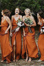 Robe de demoiselle d'honneur orange en mousseline de soie, coupe trapèze, col en V et fente, à bretelles, référence BD064