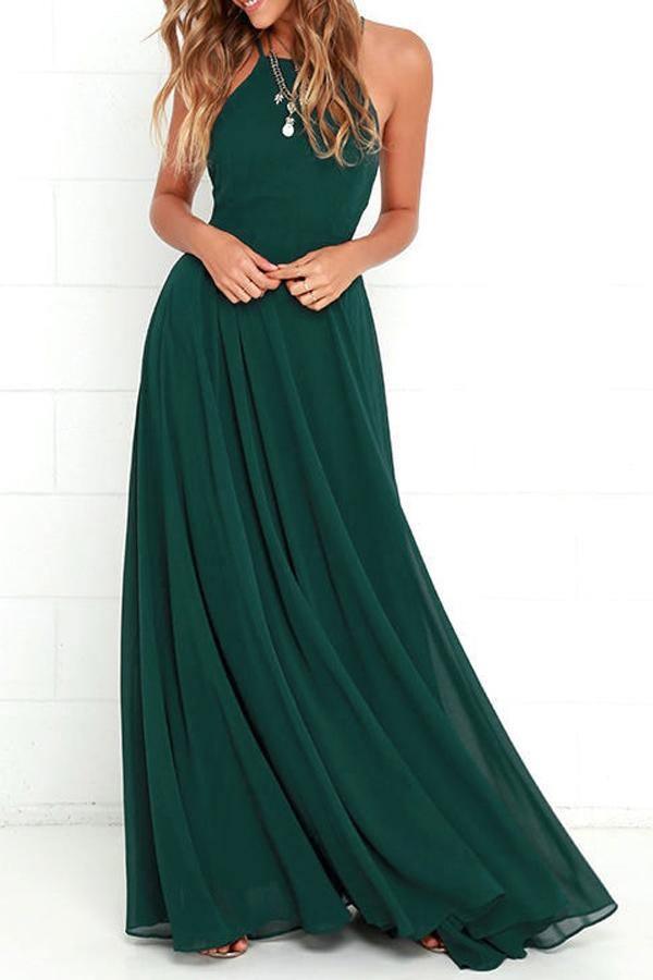 Robe de demoiselle d'honneur longue vert foncé à bretelles et dos croisé BD076
