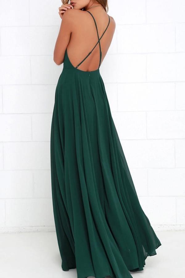Robe de demoiselle d'honneur longue vert foncé à bretelles et dos croisé BD076