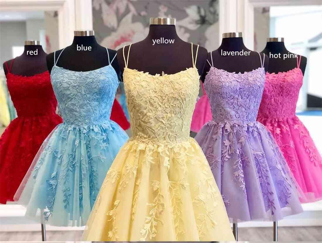 Vestido corto de fiesta azul con tirantes y apliques de encaje PD424