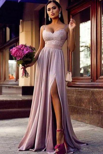 Straps Lace Slit Party Dresses Sleeveless Lavender Long Formal Chic Evening Gown