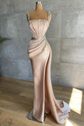 Robe de bal sirène longue à bretelles, robe fendue, perles