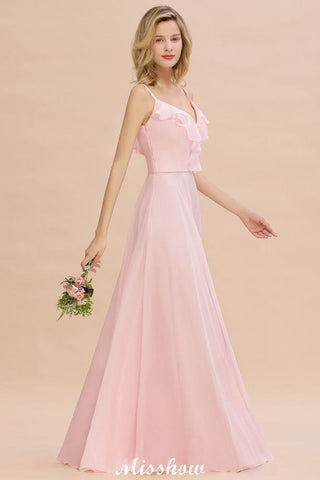 Vestido de dama de honor rosa con tirantes y escote corazón, espalda descubierta, de gasa, para fiesta de noche.