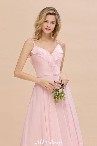 Vestido de dama de honor rosa con tirantes y escote corazón, espalda descubierta, de gasa, para fiesta de noche.