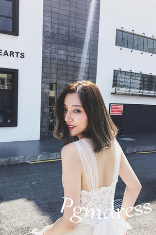 Vestidos de novia de playa con tirantes, tul y encaje blanco, con pequeña cola WD086